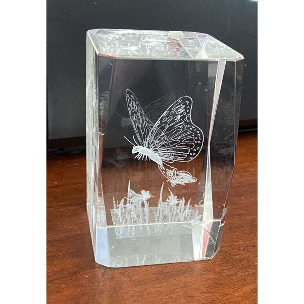 Butterflies CHIPPED 3D Laser Etched Crystal Glass Cube Paperweight 3”x 2”x2” PIC